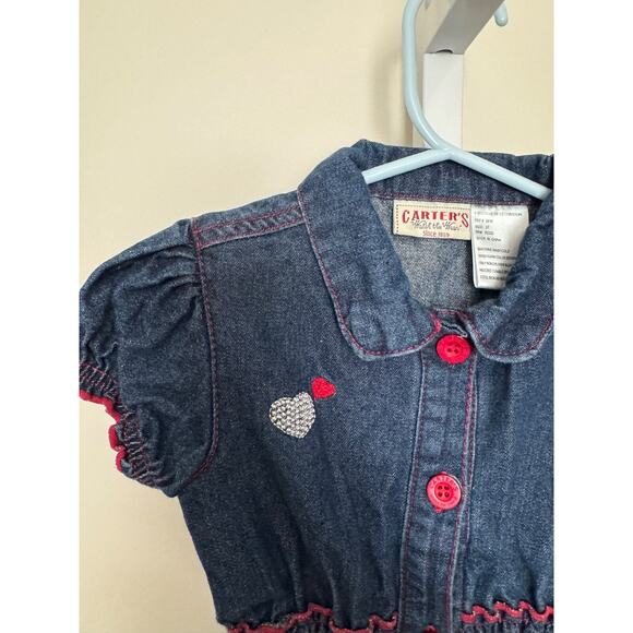 Vintage Carters Denim Dress Size 3T Ruffle Sleeve, Applique, Red Buttons Toddler - Picture 2 of 7